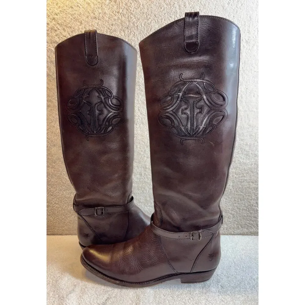 FRYE LOGO 76475 Cognac Leather Equestrian Riding Boots Women US 8.5 B